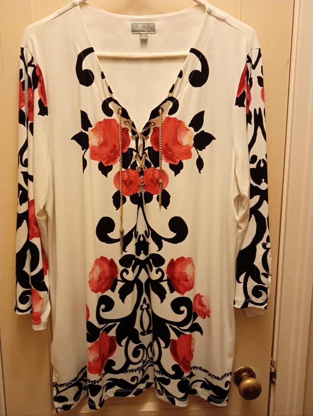 JM Collection Cream Tunic with Red Floral & Black Scroll Print